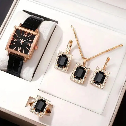 5 pcs/set Wrist Watch & Rhinestone Jewelry Set Black