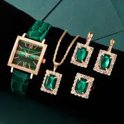 5 pcs/set Wrist Watch & Rhinestone Jewelry Set Green - MSM Fashion Mart