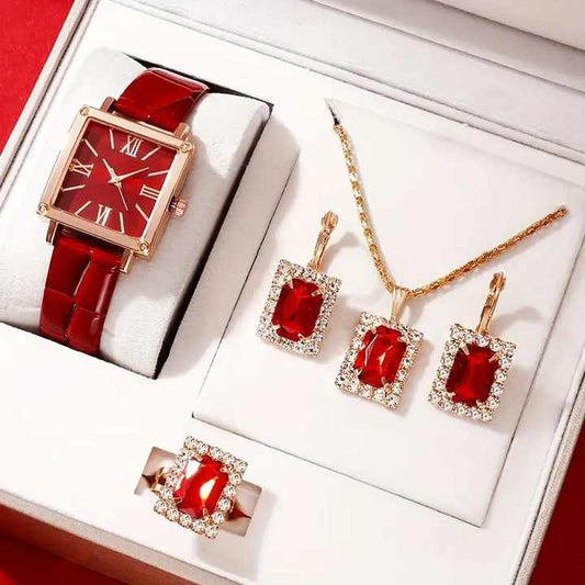 5 pcs/set Wrist Watch & Rhinestone Jewelry Set Red - MSM Fashion Mart