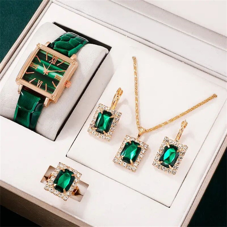 5 pcs/set Wrist Watch & Rhinestone Jewelry Set Green - MSM Fashion Mart